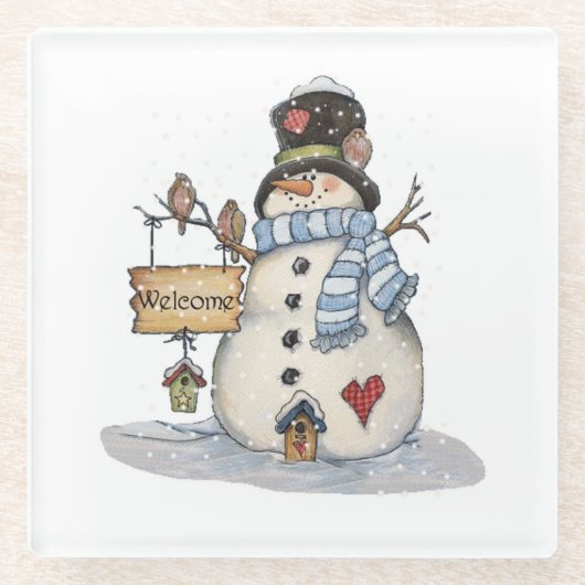 Welkom Snowman Glazen Onderzetter (Voorkant)