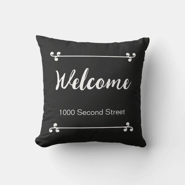 Welkom Straatadres Decorative Zwart Buitenkussen (Voorkant)