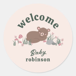 Welkom Sweet Woodland Baby Beer Roze Rond Ronde Sticker