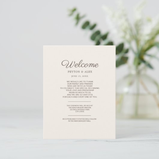 Welkom Tan Wedding Guest Informatiekaartje (Staand voorkant)