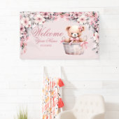 Welkom Teddy Bear Baby Meisje Roze Bloemen Party Spandoek (Insitu)