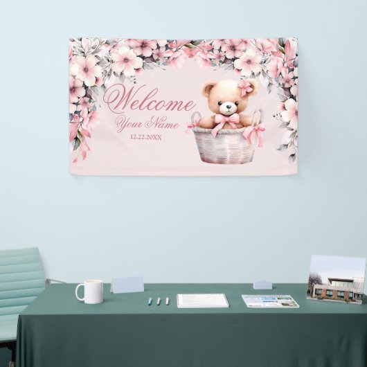 Welkom Teddy Bear Baby Meisje Roze Bloemen Party Spandoek (Beurs)