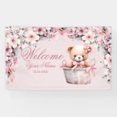 Welkom Teddy Bear Baby Meisje Roze Bloemen Party Spandoek (Horizontaal)