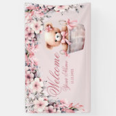 Welkom Teddy Bear Baby Meisje Roze Bloemen Party Spandoek (Verticaal)