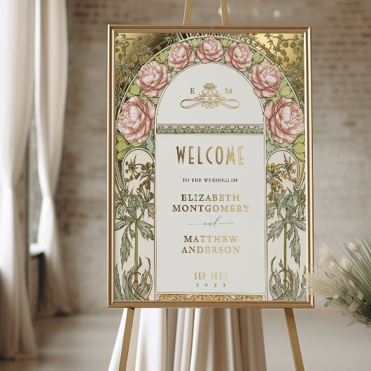 Welkom Teken Peonies Gold Wedding Folie Afdrukken