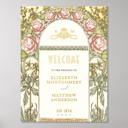 Welkom Teken Peonies Gold Wedding Folie Afdrukken (Voorkant)