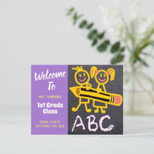 Welkom terug naar schoolleraar Paars Chalkboard Briefkaart (Staand voorkant)