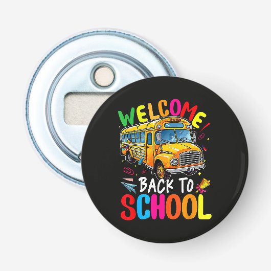 Welkom terug op de schoolbus 1e dag van school button flesopener (Voorkant)