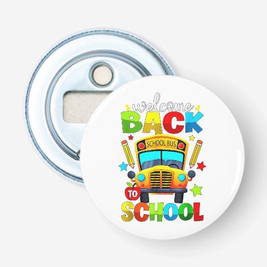 Welkom terug op de schoolbus 1e schooldag Teach Button Flesopener (Voorkant)