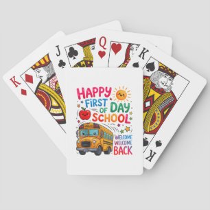 Welkom terug op school gelukkige eerste dag leraar pokerkaarten