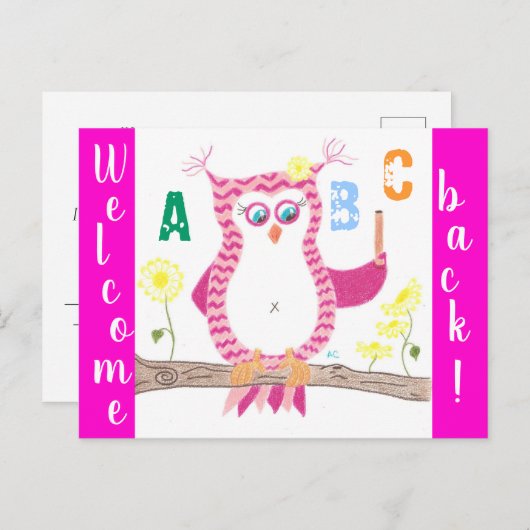 Welkom terug op school roze chevron uil briefkaart (Voorkant / Achterkant)