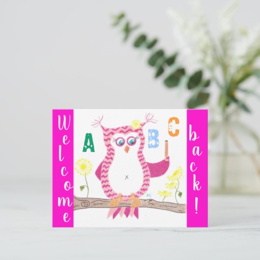 Welkom terug op school roze chevron uil briefkaart (Staand voorkant)