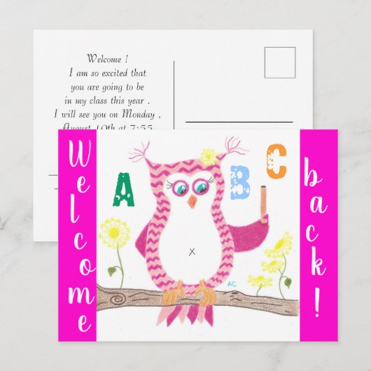Welkom terug op school roze chevron uil briefkaart (Voorkant / Achterkant)