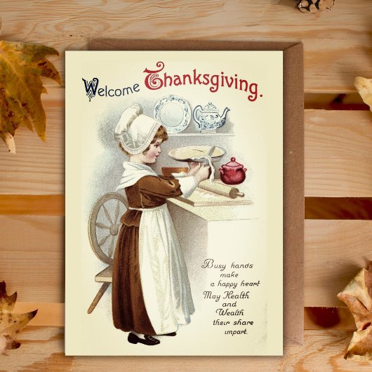 Welkom Thanksgiving Pilgrim Meisje Custom Feestdagen Kaart