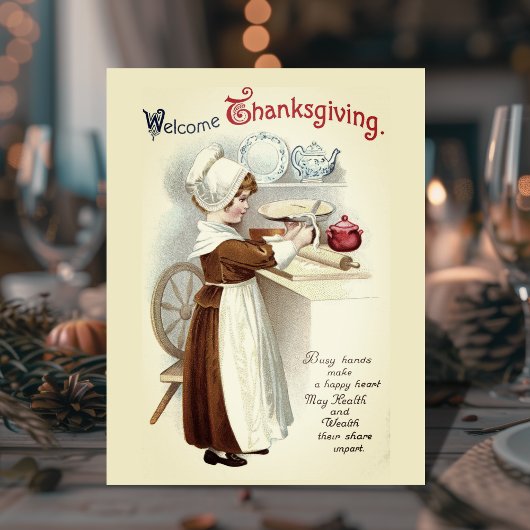 Welkom Thanksgiving Vintage Pilgrim Girl Briefkaart