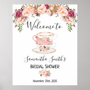 Welkom Theebruidsshower roze bloemenschild Poster