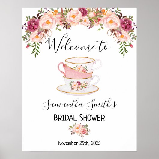 Welkom Theebruidsshower roze bloemenschild Poster (Voorkant)