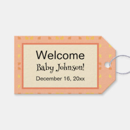 Welkom thuis baby perzik geel geometrisch patroon cadeaulabel