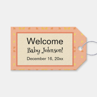 Welkom thuis baby perzik geel geometrisch patroon cadeaulabel