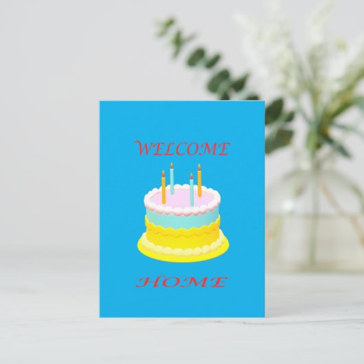 Welkom thuis diep marienblauw met een cake briefkaart (Staand voorkant)