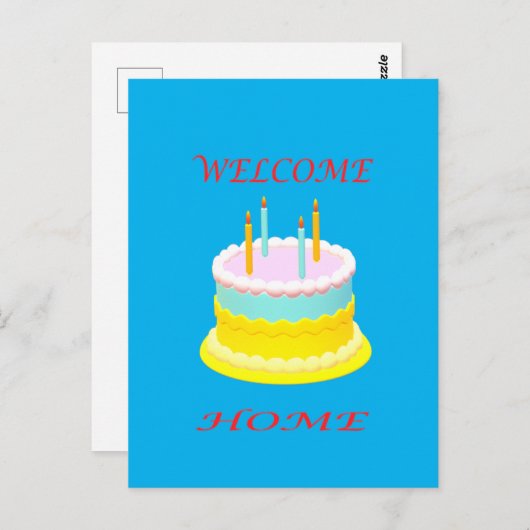 Welkom thuis diep marienblauw met een cake briefkaart (Voorkant / Achterkant)