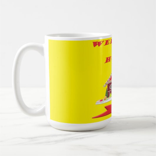 Welkom thuis, helder geel en rood afbeelding koffiemok (Links)