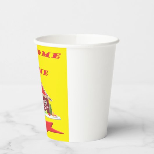 Welkom thuis, helder geel en rood afbeelding papieren bekers (Links)