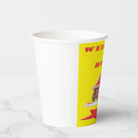 Welkom thuis, helder geel en rood afbeelding papieren bekers (Rechts)
