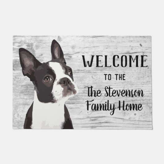Welkom thuis in Boston Terrier Dog Animal Familien Deurmat (Voorkant)