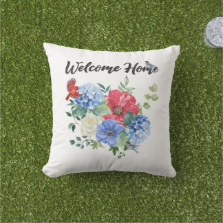 Welkom thuis met rood/wit/blauwe bloemen en vogels buitenkussen