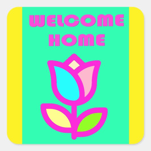 WELKOM THUIS PAARS EN GEEL ONTWERP VIERKANTE STICKER (Voorkant)