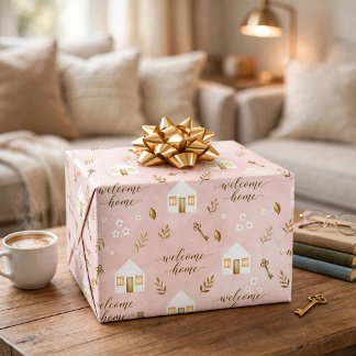 Welkom Thuis Roze Witte Huizen en Gouden Cadeau Cadeaupapier