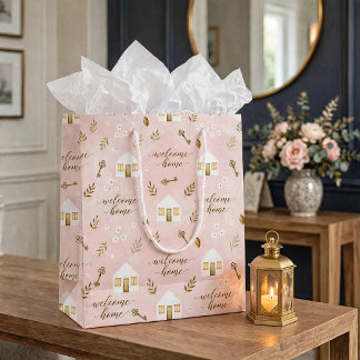 Welkom Thuis Roze Witte Huizen en Gouden Cadeau Medium Cadeauzakje