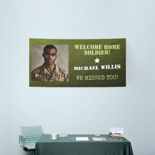 Welkom thuis Soldaat Aangepaste naam Foto Leger gr Spandoek (Beurs)