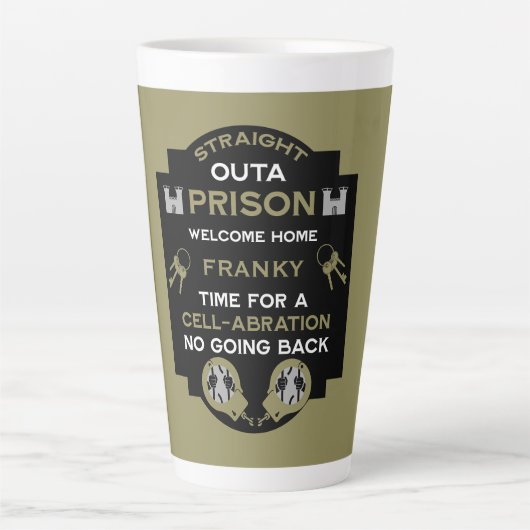 Welkom thuis uit de gevangenis latte mok (Voorkant)