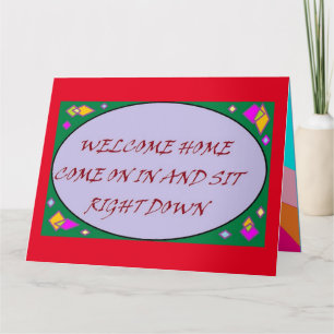 Welkom thuisbegroeten kunstontwerp rood paars kaart