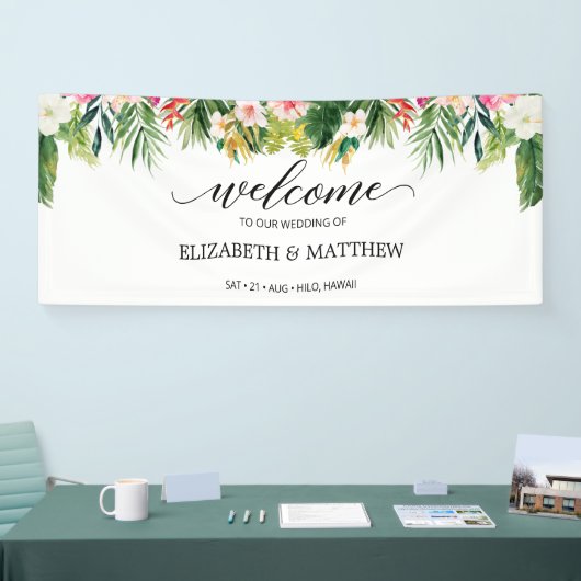 Welkom Tropische Summer Leaves Script Weduwen Spandoek (Beurs)
