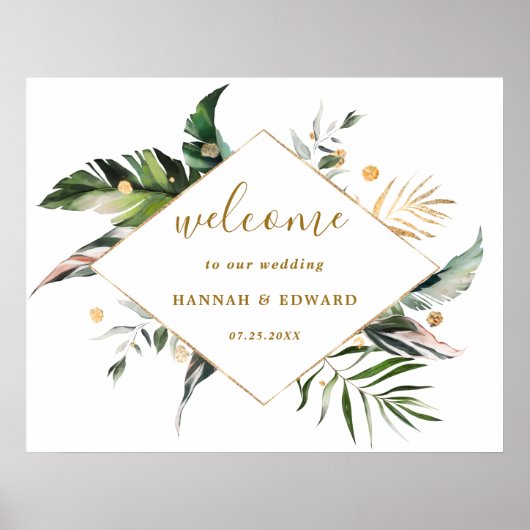 Welkom Tropische Waterverf Foliage Gold Weddenscha Poster (Voorkant)