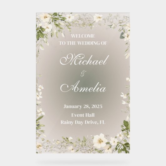 Welkom Trouwbord boho wit groen olijfbloemig Acryl Bord (Voorkant)