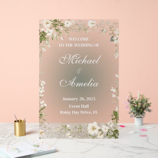 Welkom Trouwbord boho wit groen olijfbloemig Acryl Bord (Huwelijk)