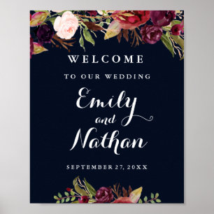 Welkom Trouwbord Burgundy Navy Bloem Herfst Poster