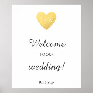 Welkom trouwbord, faux Gold hart, initialen Poster