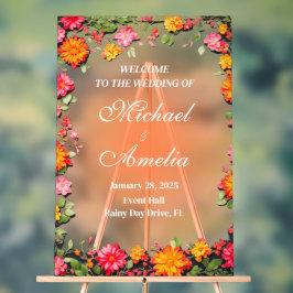 Welkom Trouwbord rood geel sinaasappel bloemen Acryl Bord