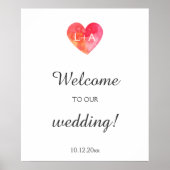 Welkom trouwbord, waterverf hart, initialen poster (Voorkant)