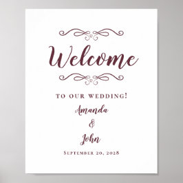 Welkom Trouwdag Elegante Chic Calligrafie Burgundy Poster