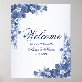 Welkom Trouwfeest Bloemen Blauw Rustiek Elegant Poster