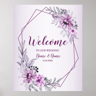 Welkom Trouwfeest Roze Bloemen Violet Paars Poster