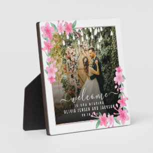 Welkom Trouwfeest Roze Bloemenframe Plaque Fotoplaat