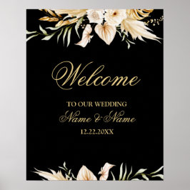 Welkom Trouwfeest Roze Roze Bloemen Goud Zwart Poster