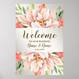 Welkom Trouwpartij Perzik Oranje Bloemen Bladeren Poster